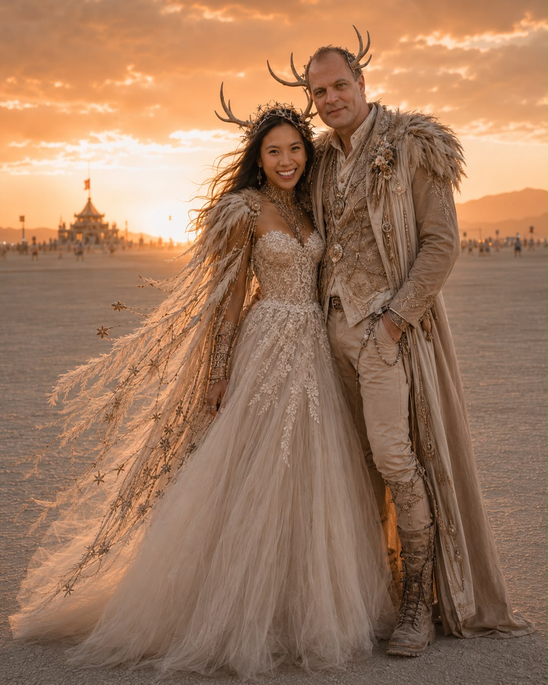Hanh and Oystein dressed in wild ceremonial attire on the playa at sunset